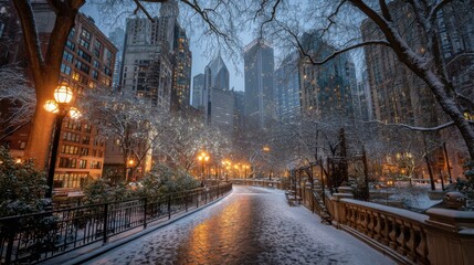 Chicago Illinois winter cityscape view of snow covered park path with illuminated trees and skyscrapers at dusk