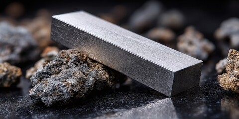 Platinum bar surrounded by raw platinum ore on a dark reflective surface.