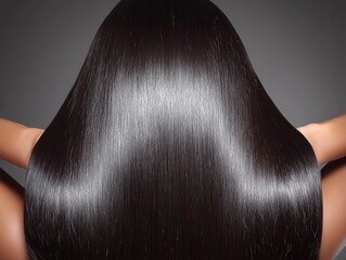 Woman with long straight black hair, back view, close-up of smooth and shiny straight hair, dark grey background.
