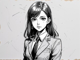 Anime teenage girl news anchor in digital inked manga style on art line drawing in plain white background
