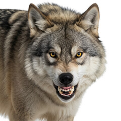Fototapeta premium Snarling Wolf Close-Up: Intense Animal Portrait isolated on a transparent background 