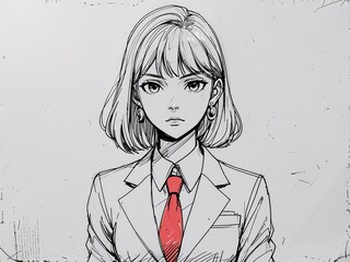Anime teenage girl news anchor in digital inked manga style on art line drawing in plain white background