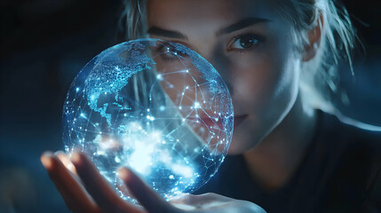 Digital Connection: Young Woman Gazes at Glowing Earth Sphere