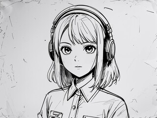 Anime teenage girl radio DJ in flat stylized anime style on art line drawing in plain white background