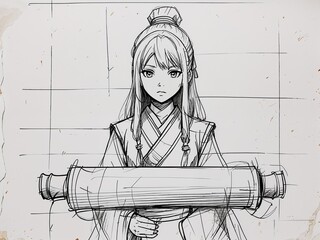 Anime teenage girl scroll keeper in ancient script sketch style on art line drawing in plain white background