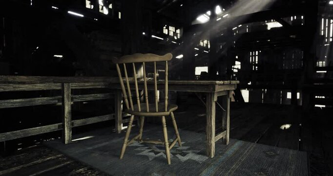 A rustic wooden chair sits next to a weathered table in an abandoned barn. Soft light filters through the gaps in the walls, creating a moody atmosphere filled with nostalgia.
