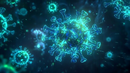 Hyper-detailed virus particles glowing in iridescent blue and green hues