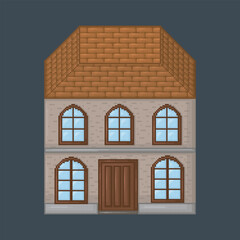 top view two story home building with brown roof tile in pixel art style