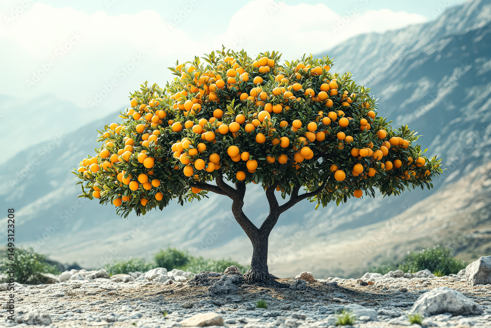 Poster tree with many oranges on it is growing in a rocky area. the oranges are ripe and ready to be picked