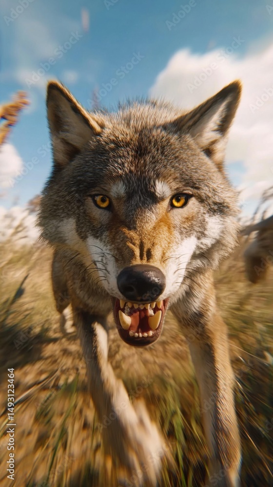 Poster low angle close up of wolf running in field with open mouth and teeth showing on sunny day in nature