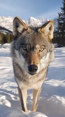Obraz premium Majestic Wolf Portrait in Winter Wilderness Close Up Front View Sunny Day Snow Covered Ground Mountain Backdrop