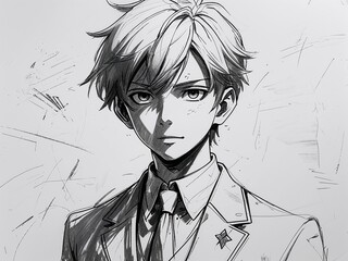 Anime young boy magician in pop art anime style on art line drawing in plain white background
