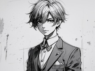 Anime young boy magician in pop art anime style on art line drawing in plain white background