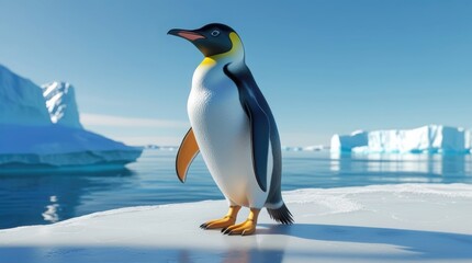 Obraz premium An emperor penguin stands on an ice floe among icebergs and snowy cliffs under a blue sky.