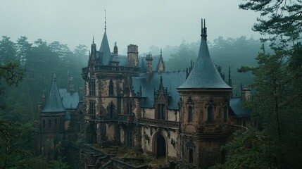 Ancient stone castle shrouded in mist