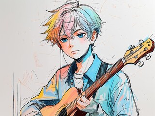 Anime young boy musician in pastel anime style on art line drawing in plain white background