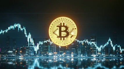 Cryptocurrency concept with glowing bitcoin symbol and financial chart over cityscape night, showing digital currency market trends and investment opportunities golden bitcoin symbol with digital - Powered by Adobe