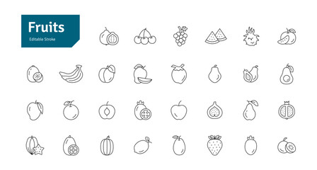 Fruits Icons Set. Healthy Eating, Vegan Food, Weight Loss, Apple, Orange, Banana, Coconut, Mango, Avocado, Guava, Pineapple, Dates Icons Editable Stroke Vector Illustration
