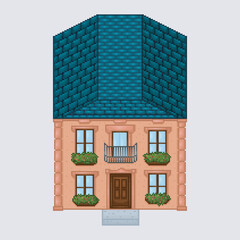 top view two story home building in pixel art style with isolated background