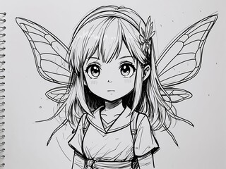Anime young girl fairy caretaker in chibi enchanted manga style on art line drawing in plain white background