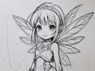 Anime young girl fairy caretaker in chibi enchanted manga style on art line drawing in plain white background