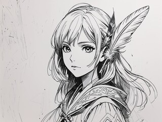 Anime young girl feather quill enchanter in delicate fantasy art line style on art line drawing in plain white background