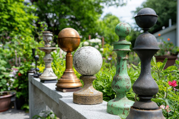 Collection of decorative garden finials displayed stone wall, surrounded by vibrant flowers and greenery, creating charming