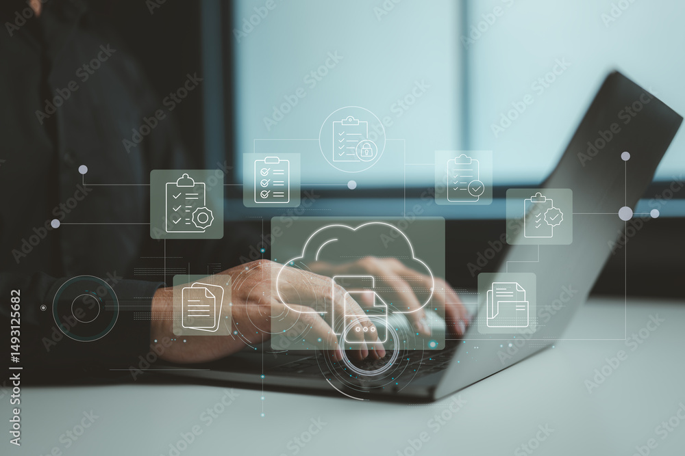 Poster a person working on a laptop with cloud-based checklists and files, symbolizing efficient online dat