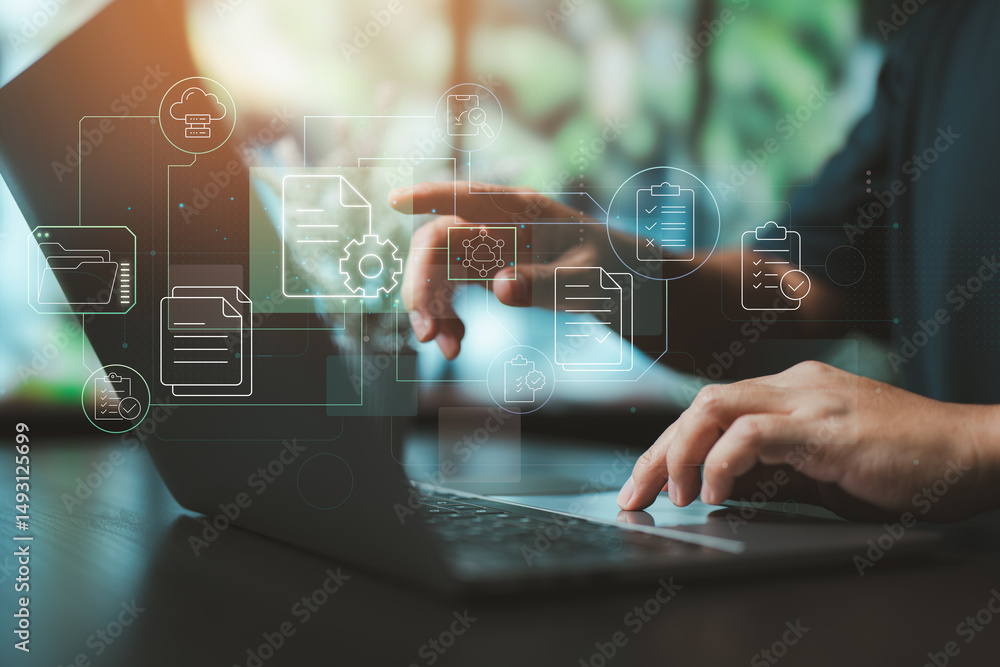 Fototapete Document Workflow Automation. Managing digital files with streamlined task automation and real-time tracking.