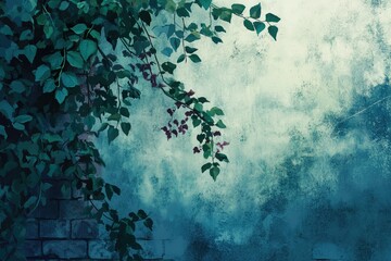 Lush green foliage climbs a textured teal brick wall, creating a serene, moody ambiance.