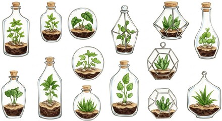 Watercolor Illustration of Various Small Plants in Glass Terrariums