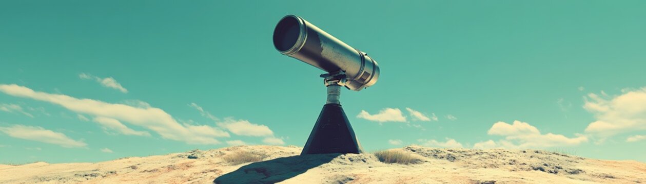 Telescope positioned on a desert landscape.