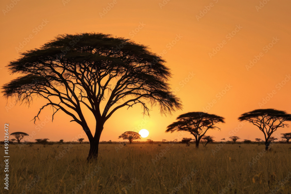 Poster a single tree stands alone in a field as the sun sets in the background
