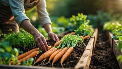 A woman tends to her thriving garden, carefully harvesting vibrant orange carrots. The warm sunlight illuminates the lush greenery, creating a serene and productive atmosphere.