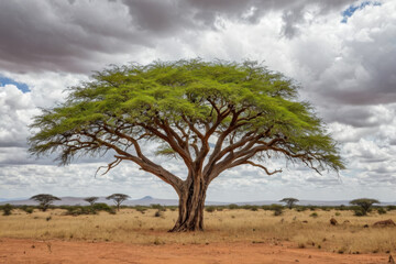 Fototapeta premium A single tree stands alone in a green field with a sunny sky