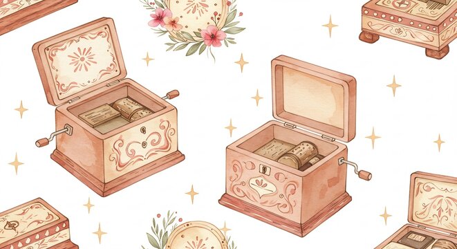 Watercolor Pattern of Antique Music Boxes with Floral Accents