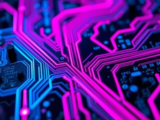 A glowing circuit board background features intricate pathways illuminated by vibrant pink and blue neon lights, creating a futuristic technological texture.