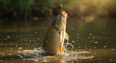 A fish that has hooked on a fishing line and has already been pulled out of the water