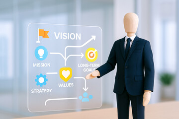 Humanoid figure business suit presenting digital strategy diagram with icons representing vision, mission, values, and goals modern office setting