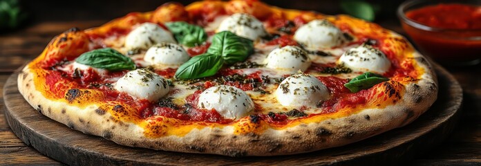 Classic pizza with crispy crust, pepperoni, mozzarella, oregano, served on wooden board.