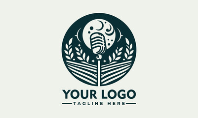 Vintage microphone illustration with musical notes and expressive hand gesture in decorative circular frame. Music concept
