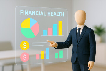 Faceless figure in business suit presents financial data on transparent screen, emphasizing leadership and teamwork in financial health analysis
