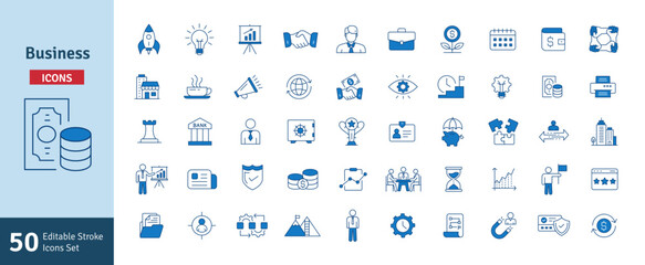 Business Blue Line Icons Set. Strategy, Success, Businessman Editable Stroke Vector Illustration
