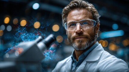 Confident professional in modern lab, middle-aged man with beard wearing glasses, engaged in...