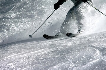 Close-Up of Skier Gliding Down a Snowy Slope with Powder Snow Flying in the Air and Ski Equipment Visible for Winter Sports Enthusiasts