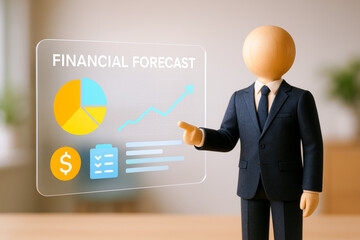 Humanoid figure business suit presenting financial data with transparent display showing pie chart, line graph, and icons, symbolizing leadership