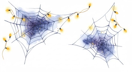 Watercolor Spiderwebs with Glowing Lights Halloween Illustration