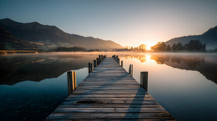 Obraz premium Sunrise tranquility a wooden pier extends into a misty lake mirroring mountains under a serene sky