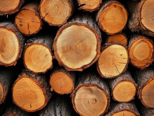 Close up of stacked firewood logs showcasing wood grain and bark texture in a rustic outdoor setting for lumber industry