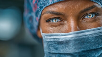 Focused medical professional in scrubs, determined woman with surgical mask and cap, ready for challenging procedures.